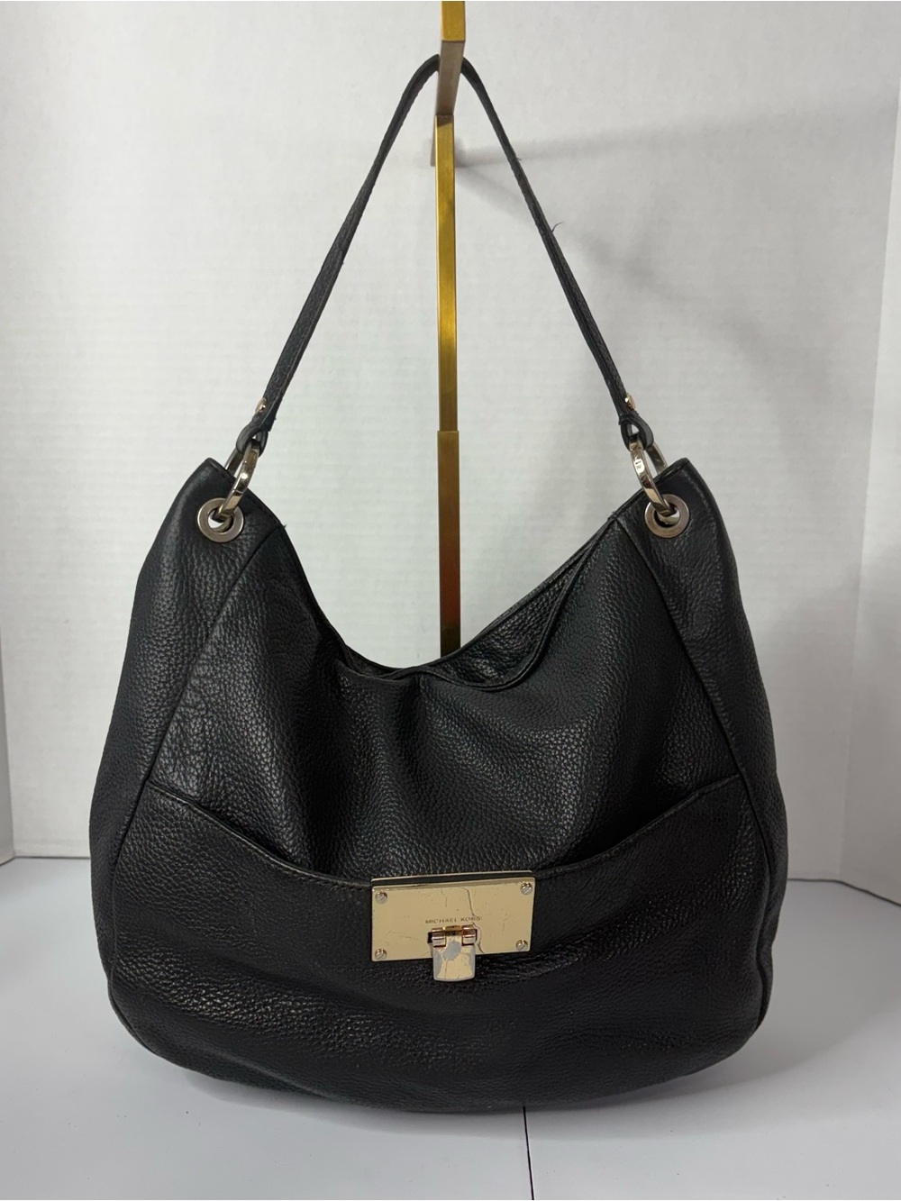 Michael Kors Black Pebbled Leather Hobo Shoulder Bag with Gold Hardware